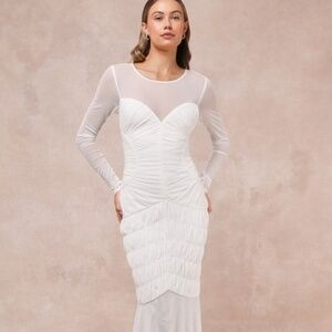 Lulus Romantic Heights White Mesh Ruched Long Sleeve Maxi Dress - Size XL